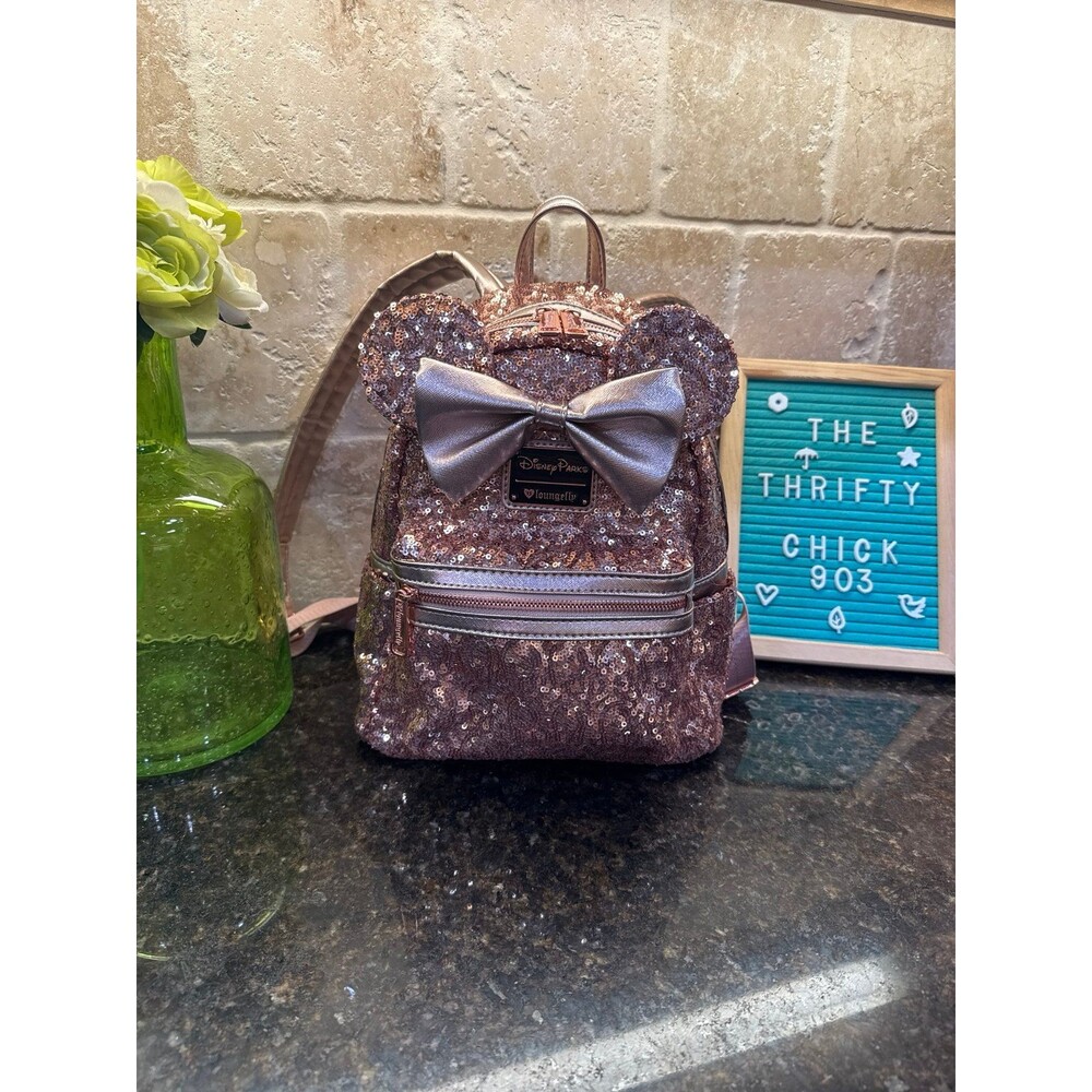 Disney Parks Exclusive Loungefly Sequined Rose Gold Pink Mini Backpack Bag EUC - Picture 2 of 12